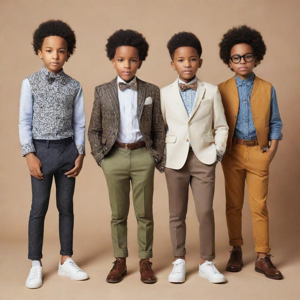 Four stylish boys, showcasing diverse and fashionable outfits, with one of them being African American.