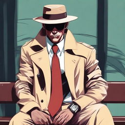 A red-skinned demon detective dressed in a beige trench coat, a beige hat, and sunglasses is sitting on a bench