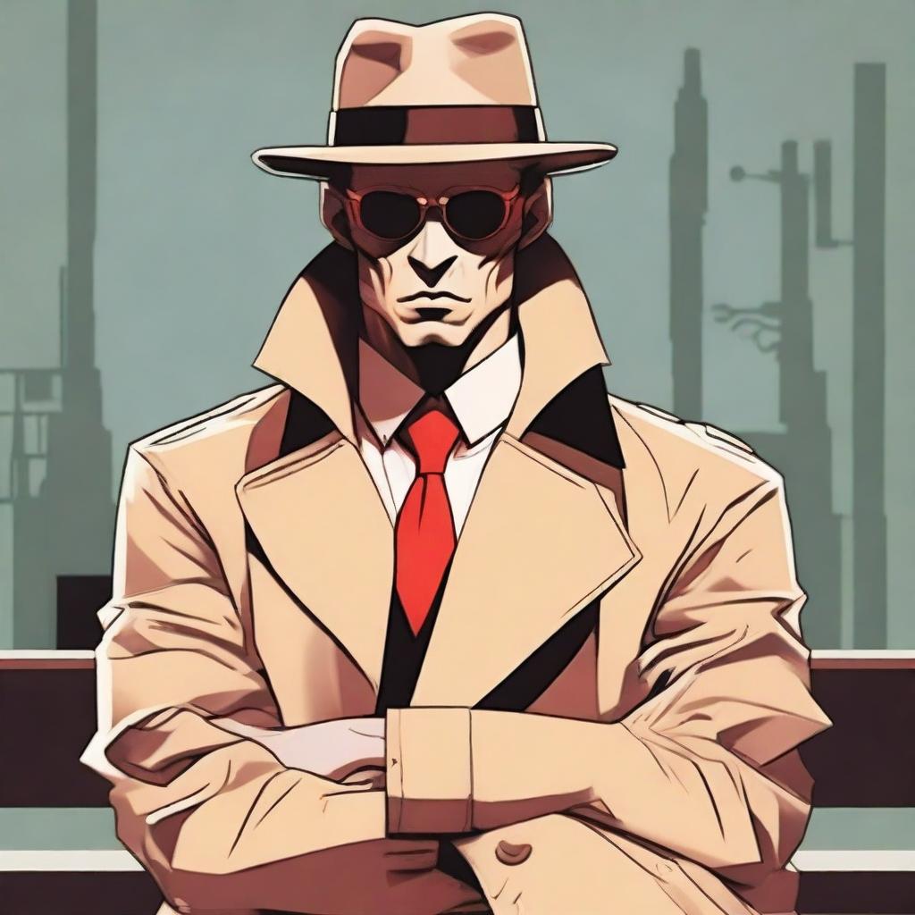 A red-skinned demon detective dressed in a beige trench coat, a beige hat, and sunglasses is sitting on a bench