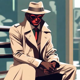 A red-skinned demon detective dressed in a beige trench coat, a beige hat, and sunglasses is sitting on a bench