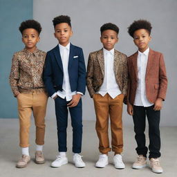 Four stylish boys, showcasing diverse and fashionable outfits, with one of them being African American.