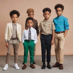 Four stylish boys, showcasing diverse and fashionable outfits, with one of them being African American.