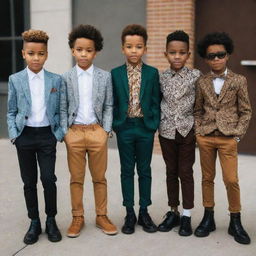 Four stylish boys, showcasing diverse and fashionable outfits, with one of them being African American.