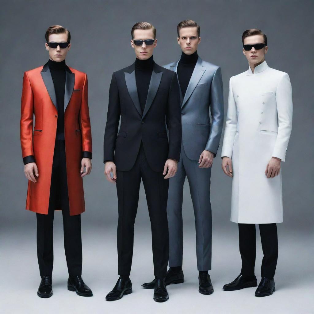 Four futuristic and elegant men, clad in high-tech, sophisticated attire.