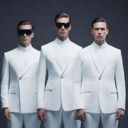 Four futuristic and elegant men, clad in high-tech, sophisticated attire.