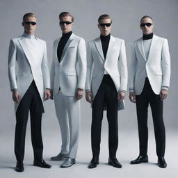 Four futuristic and elegant men, clad in high-tech, sophisticated attire.