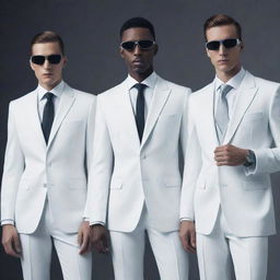 Four futuristic and elegant men, clad in high-tech, sophisticated attire.