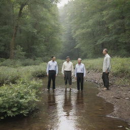 Four men standing in a gently flowing stream, surrounded by the serene beauty of nature.