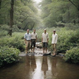 Four men standing in a gently flowing stream, surrounded by the serene beauty of nature.