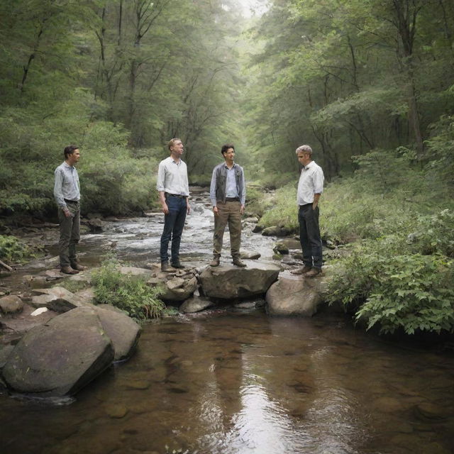 Four men standing in a gently flowing stream, surrounded by the serene beauty of nature.