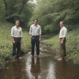 Four men standing in a gently flowing stream, surrounded by the serene beauty of nature.