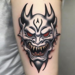 Create an image of a porcelain white Oni Mask in tattoo style