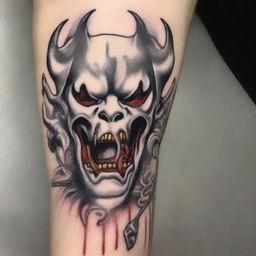 Create an image of a porcelain white Oni Mask in tattoo style