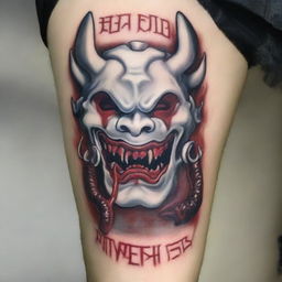 Create an image of a porcelain white Oni Mask in tattoo style