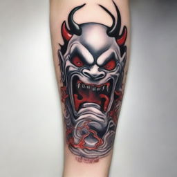 Create an image of a porcelain white Oni Mask in tattoo style