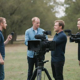 Four men engaged in filming a scene, equipped with professional video making gear.