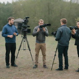 Four men engaged in filming a scene, equipped with professional video making gear.