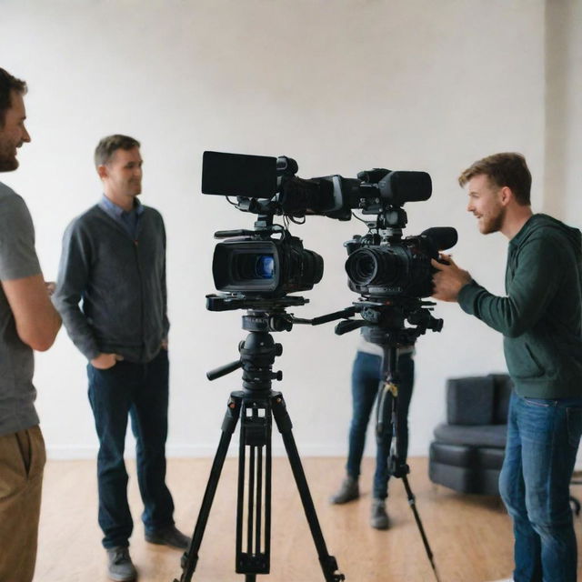 Four men engaged in filming a scene, equipped with professional video making gear.