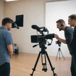 Four men engaged in filming a scene, equipped with professional video making gear.