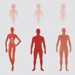 Generate an image of five human symbols in white, standing side by side, with one of them in a distinct red color