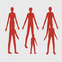 Generate an image of five human symbols in white, standing side by side, with one of them in a distinct red color