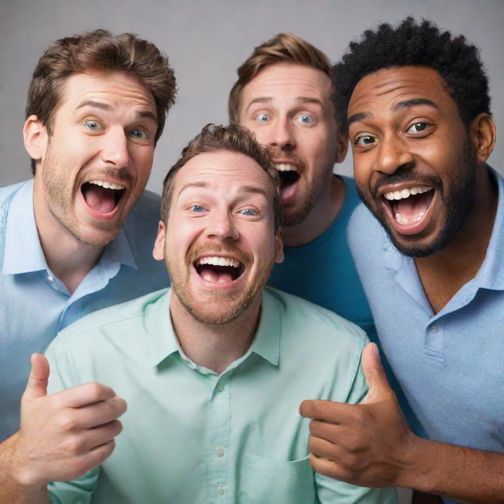 Four men creating a humorous video, joyfully engaging in comedic antics and laughter.