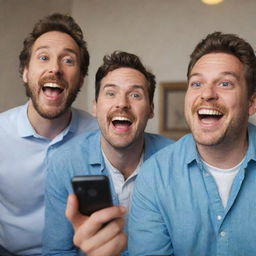 Four men creating a humorous video, joyfully engaging in comedic antics and laughter.