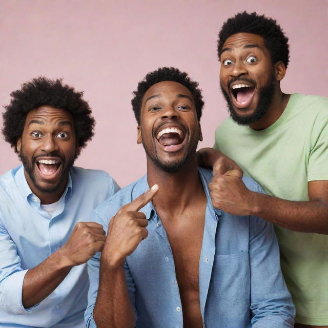 Four men creating a humorous video, joyfully engaging in comedic antics and laughter.