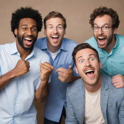 Four men creating a humorous video, joyfully engaging in comedic antics and laughter.