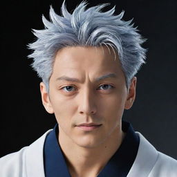 Generate an image of Satoru Gojo, a character from the Jujutsu Kaisen manga series. He should be tall with silver hair, wearing the signature Jujutsu Sorcerer's uniform.