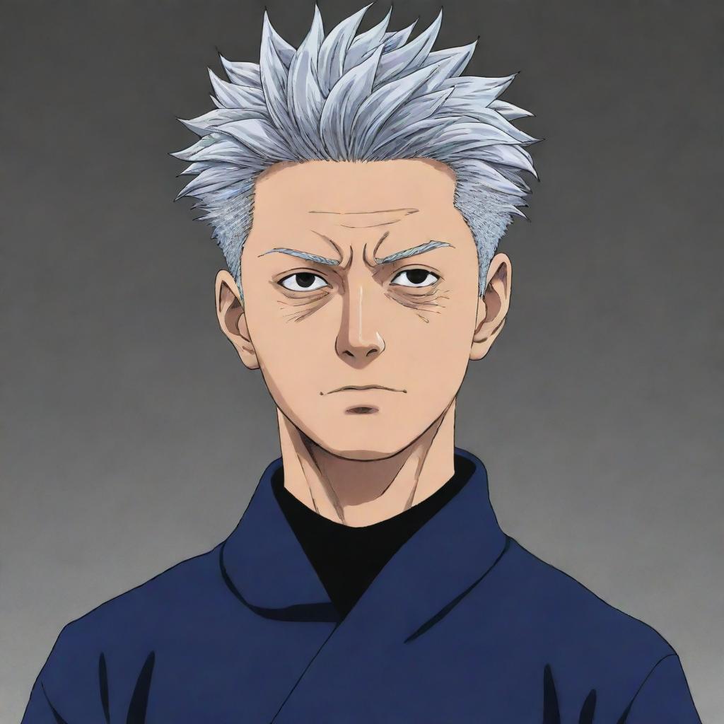 Generate an image of Satoru Gojo, a character from the Jujutsu Kaisen manga series. He should be tall with silver hair, wearing the signature Jujutsu Sorcerer's uniform.