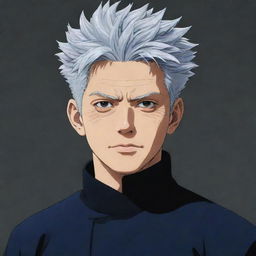 Generate an image of Satoru Gojo, a character from the Jujutsu Kaisen manga series. He should be tall with silver hair, wearing the signature Jujutsu Sorcerer's uniform.