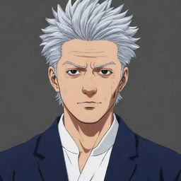 Generate an image of Satoru Gojo, a character from the Jujutsu Kaisen manga series. He should be tall with silver hair, wearing the signature Jujutsu Sorcerer's uniform.