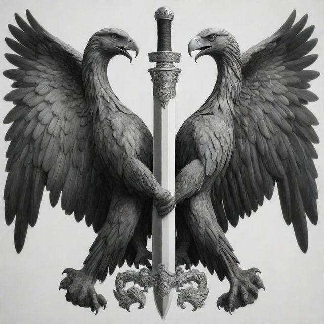 A two-headed eagle divided vertically into black and white, each claw gripping a sword.