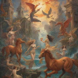 A book cover featuring a symphony of mythological beings such as centaurs, mermaids, dragons, and phoenix against a fantastical landscape of ancient ruins and celestial bodies.