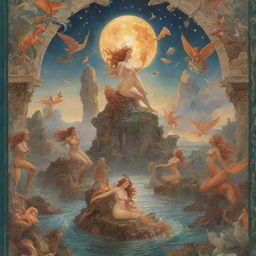 A book cover featuring a symphony of mythological beings such as centaurs, mermaids, dragons, and phoenix against a fantastical landscape of ancient ruins and celestial bodies.