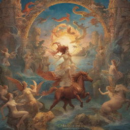 A book cover featuring a symphony of mythological beings such as centaurs, mermaids, dragons, and phoenix against a fantastical landscape of ancient ruins and celestial bodies.