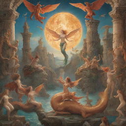 A book cover featuring a symphony of mythological beings such as centaurs, mermaids, dragons, and phoenix against a fantastical landscape of ancient ruins and celestial bodies.