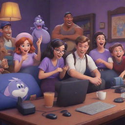 A lively scene capturing the essence of Twitch streaming, re-imagined in an animated Disney style.