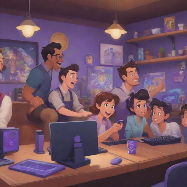 A lively scene capturing the essence of Twitch streaming, re-imagined in an animated Disney style.