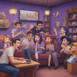 A lively scene capturing the essence of Twitch streaming, re-imagined in an animated Disney style.