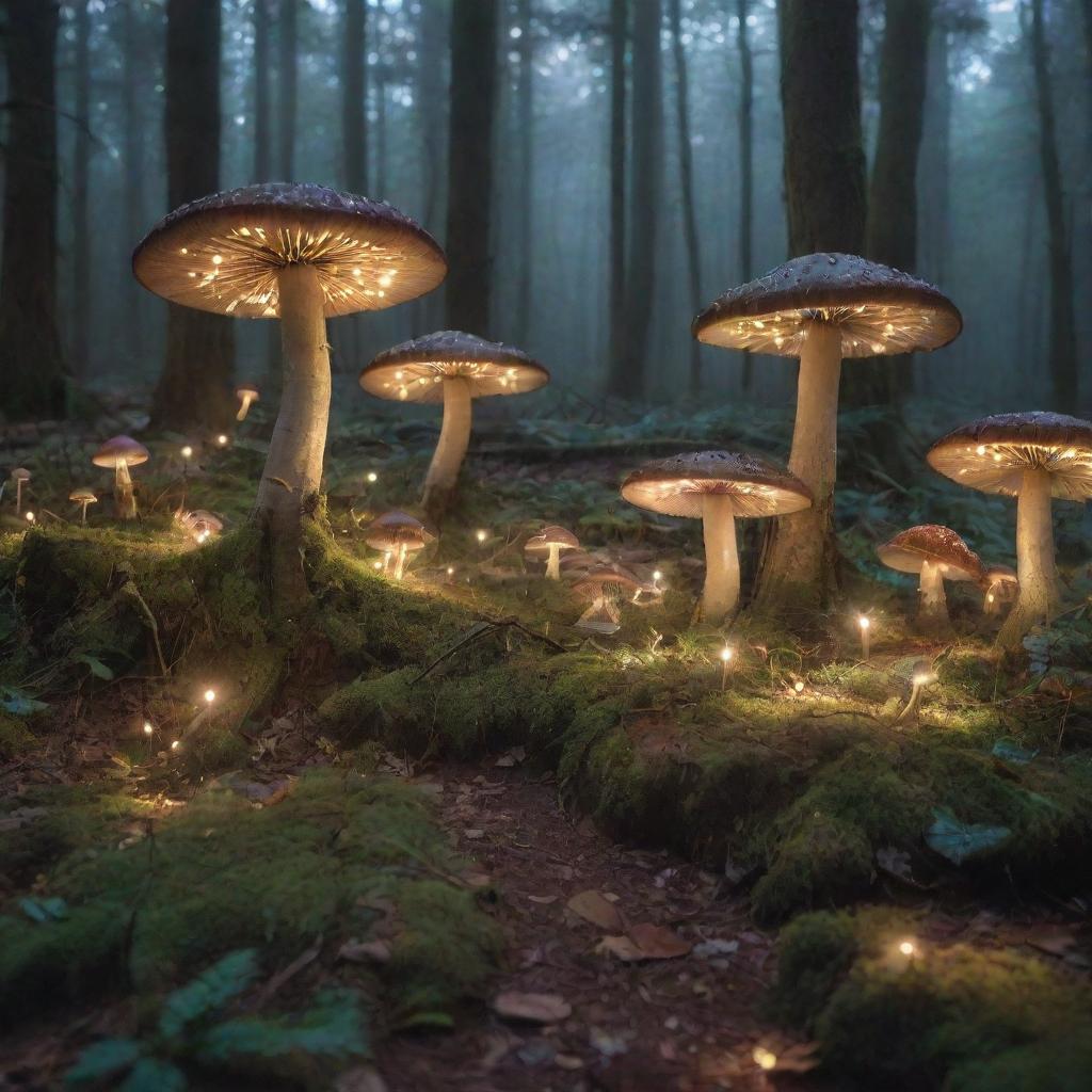 An enchanted forest in the early evening with shimmering fairies flitting between the trees and glowing mushrooms scattered on the forest floor.