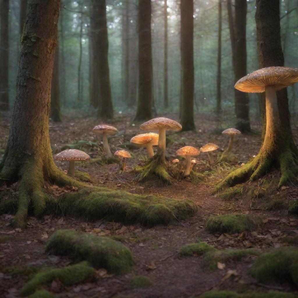 An enchanted forest in the early evening with shimmering fairies flitting between the trees and glowing mushrooms scattered on the forest floor.