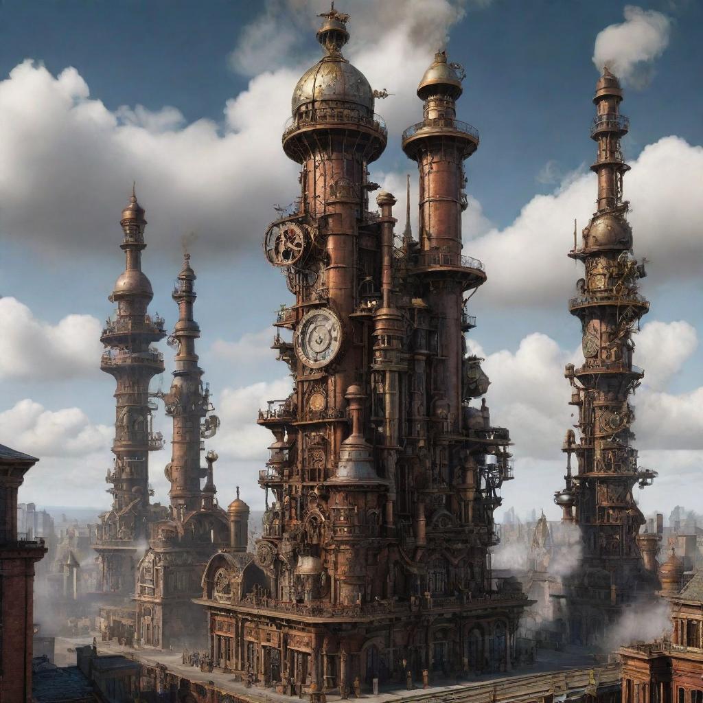 Visualize the tallest building within a steampunk world. It stretches into the clouds, composed of Victorian architecture, sprawling pipes, cogwheel motifs, rotating gears, and smoke-belching chimneys, all powered by steam engines.