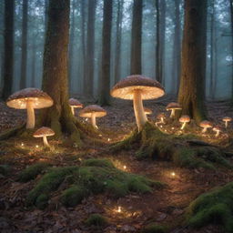 An enchanted forest in the early evening with shimmering fairies flitting between the trees and glowing mushrooms scattered on the forest floor.