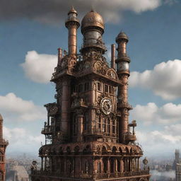 Visualize the tallest building within a steampunk world. It stretches into the clouds, composed of Victorian architecture, sprawling pipes, cogwheel motifs, rotating gears, and smoke-belching chimneys, all powered by steam engines.