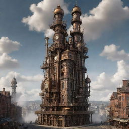 Visualize the tallest building within a steampunk world. It stretches into the clouds, composed of Victorian architecture, sprawling pipes, cogwheel motifs, rotating gears, and smoke-belching chimneys, all powered by steam engines.