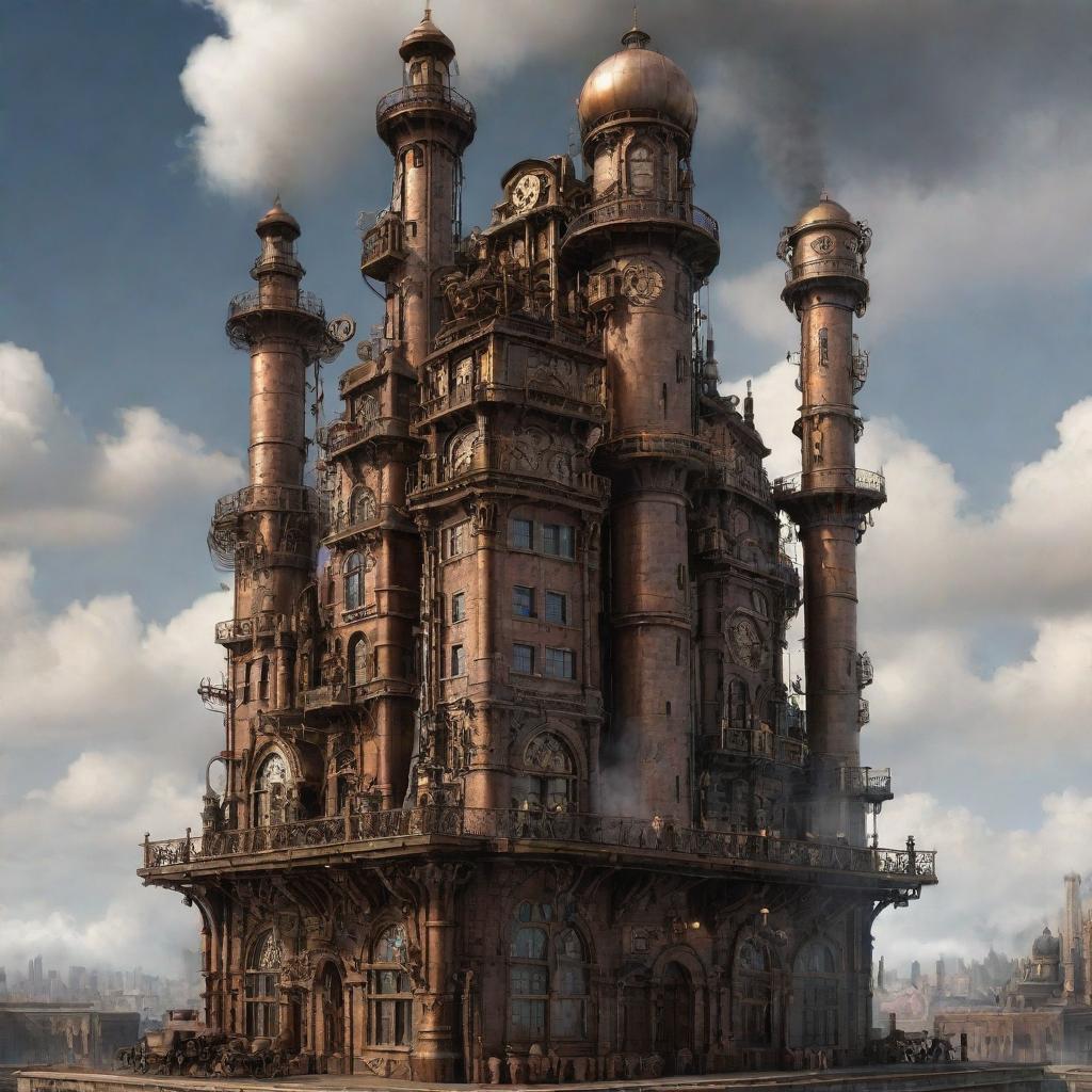 Visualize the tallest building within a steampunk world. It stretches into the clouds, composed of Victorian architecture, sprawling pipes, cogwheel motifs, rotating gears, and smoke-belching chimneys, all powered by steam engines.