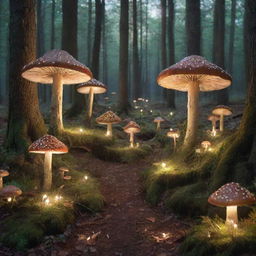 An enchanted forest in the early evening with shimmering fairies flitting between the trees and glowing mushrooms scattered on the forest floor.