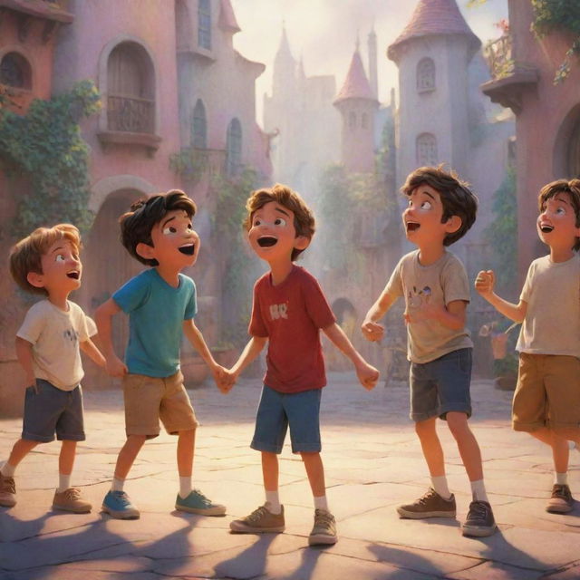 A group of boys, cheerfully interacting in an imaginative setting, depicted in a vibrant Disney animation style.